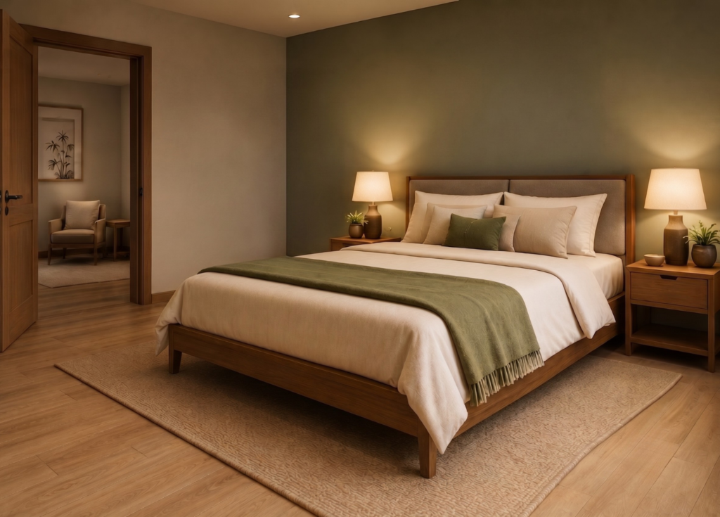 Bed positioned against a solid wall in the feng shui commanding position for better sleep