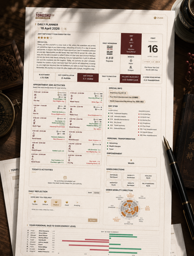 A founder reviewing a Chinese almanac and BaZi birth chart to select an auspicious date for a business launch