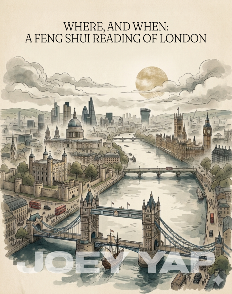 Illustrated aerial view of London showing the Thames River, Tower Bridge, and St Paul's Cathedral as part of a feng shui city reading by Joey Yap