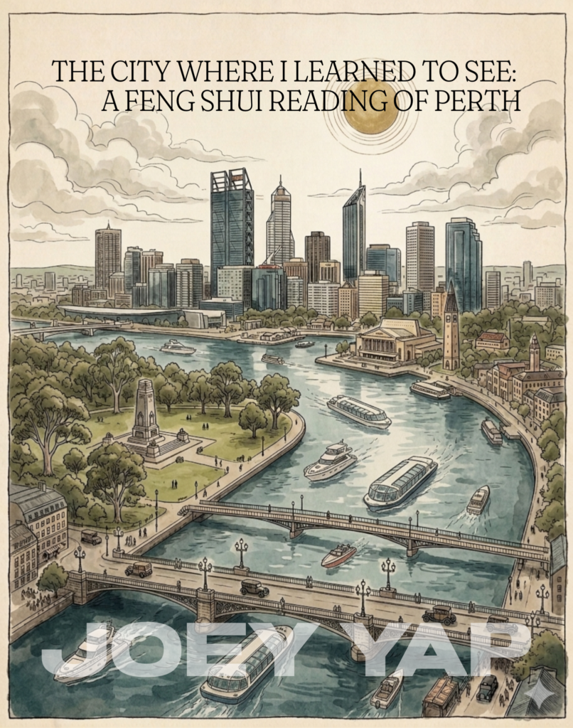 Illustrated aerial view of the Swan River widening into Perth Water in front of the Perth city skyline, with Kings Park greenery on the riverbank