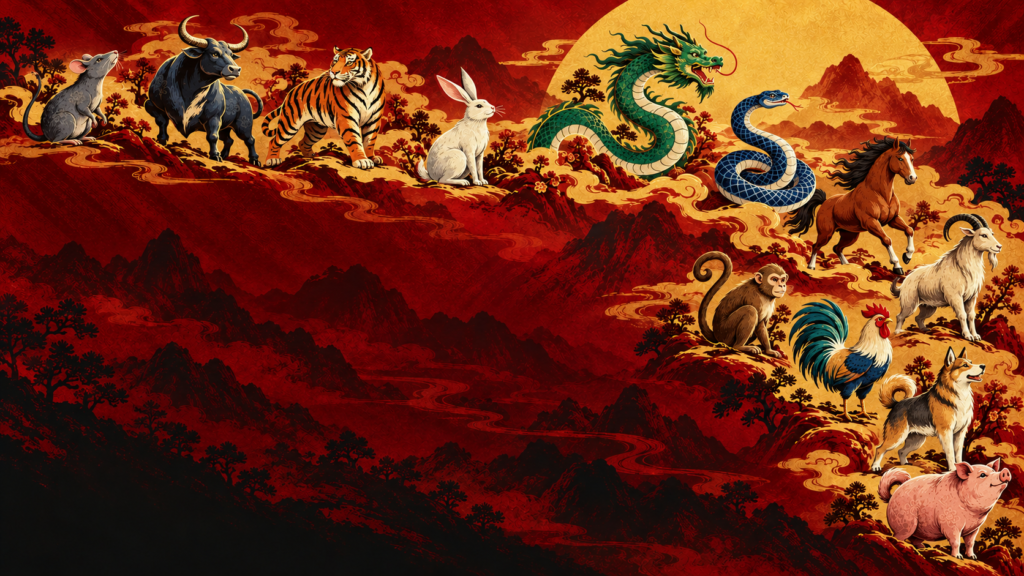 The 12 Chinese zodiac animals in varied colours across a red mountain landscape beneath a golden sun.